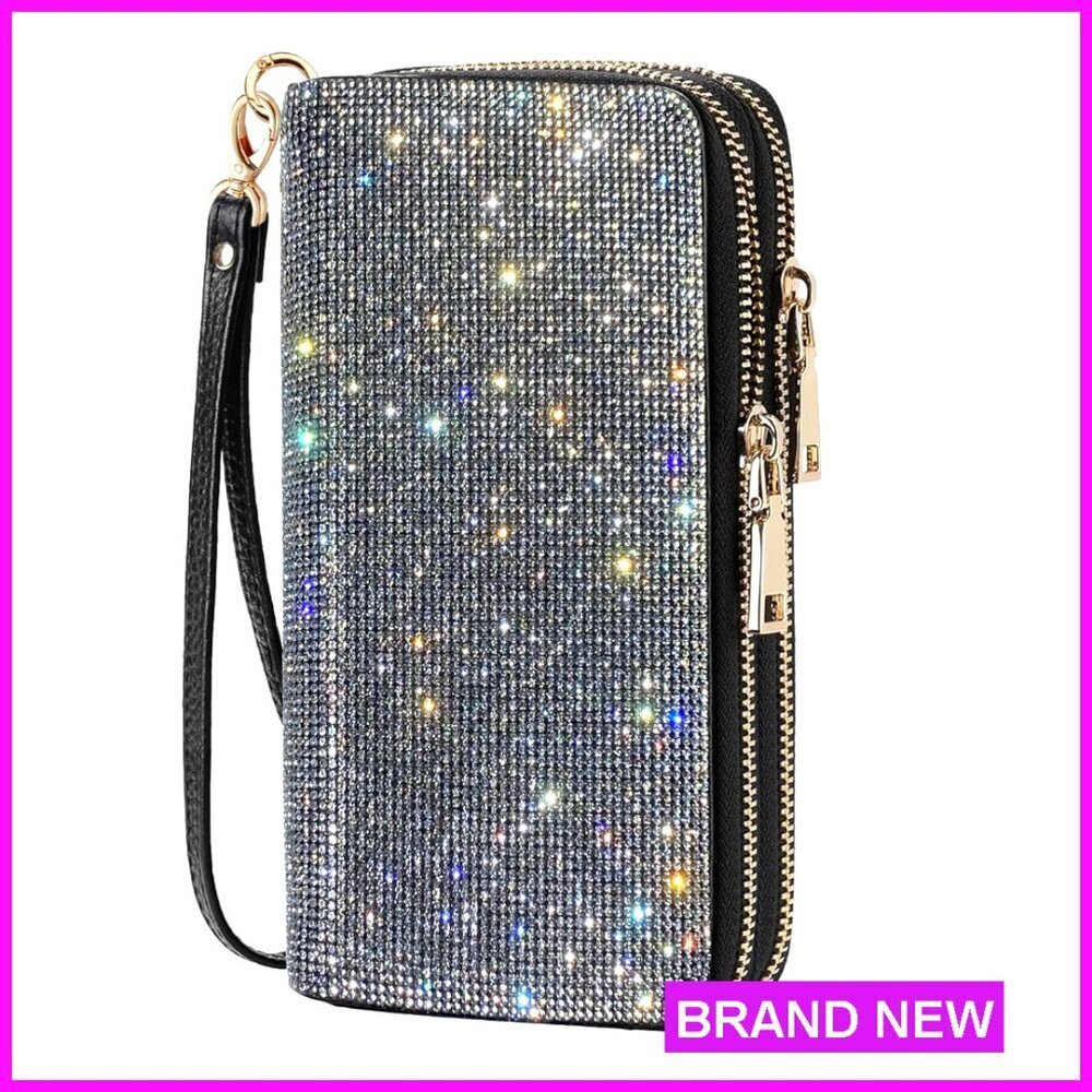 Large Capacity Rhinestone Wristlet Clutch with 16 Card Slots & Phone Holder